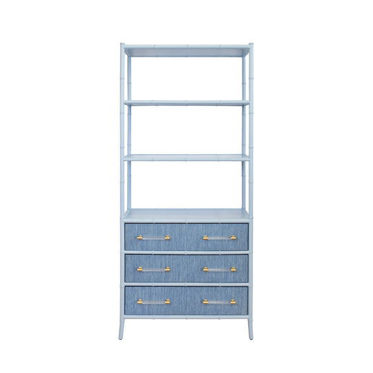 Three Drawer Etagere With Bamboo Detail In Blue Dyed Grasscloth And Light Blue Matte Lacquer - FLYNN BL