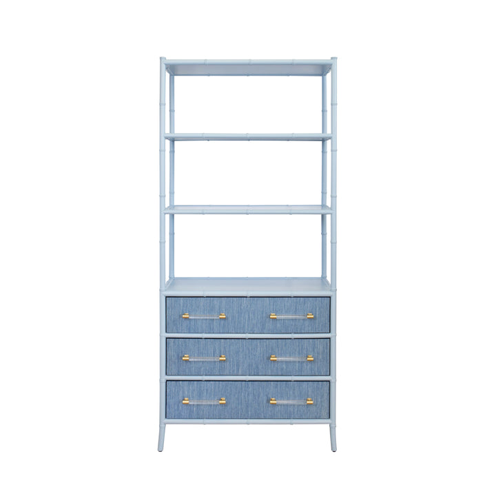 Three Drawer Etagere With Bamboo Detail In Blue Dyed Grasscloth And Light Blue Matte Lacquer - FLYNN BL