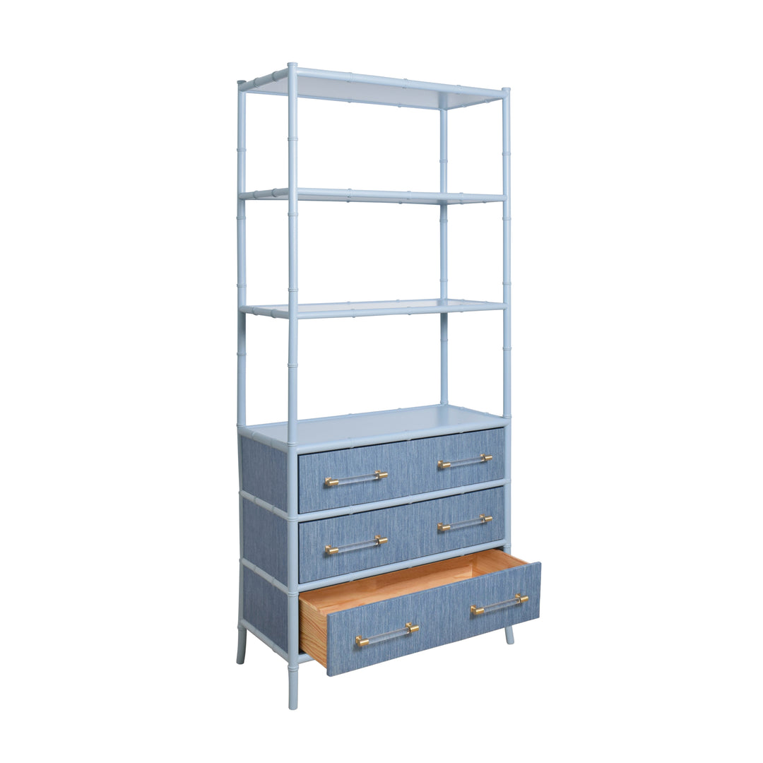 Three Drawer Etagere With Bamboo Detail In Blue Dyed Grasscloth And Light Blue Matte Lacquer - FLYNN BL
