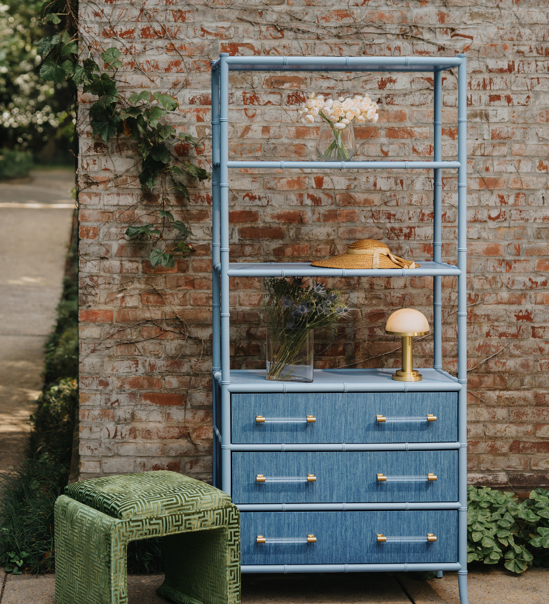 Three Drawer Etagere With Bamboo Detail In Blue Dyed Grasscloth And Light Blue Matte Lacquer - FLYNN BL