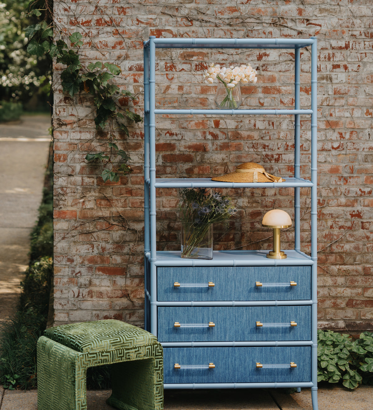 Three Drawer Etagere With Bamboo Detail In Blue Dyed Grasscloth And Light Blue Matte Lacquer - FLYNN BL