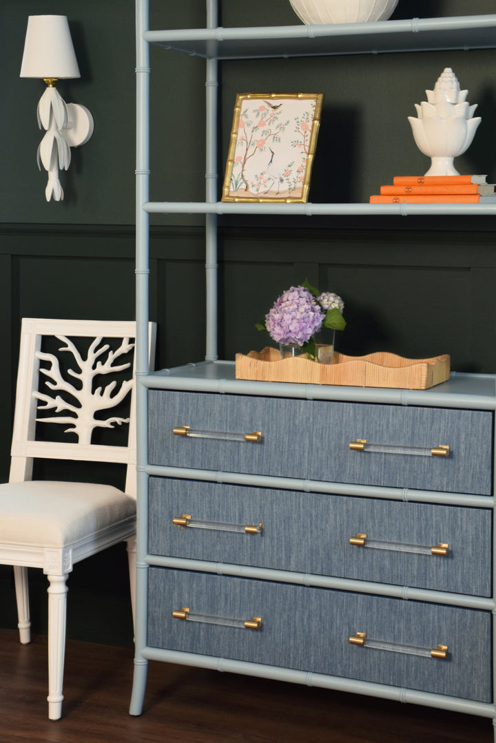 Three Drawer Etagere With Bamboo Detail In Blue Dyed Grasscloth And Light Blue Matte Lacquer - FLYNN BL