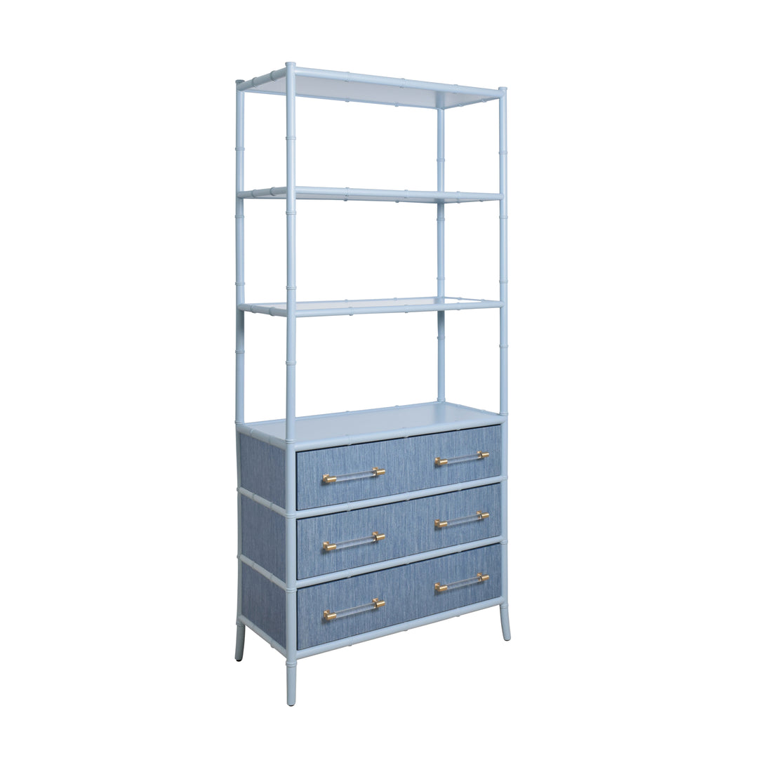 Three Drawer Etagere With Bamboo Detail In Blue Dyed Grasscloth And Light Blue Matte Lacquer - FLYNN BL
