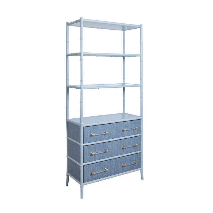 Three Drawer Etagere With Bamboo Detail In Blue Dyed Grasscloth And Light Blue Matte Lacquer - FLYNN BL