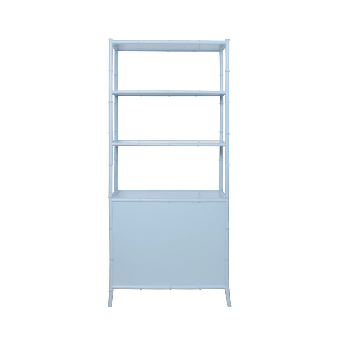 Three Drawer Etagere With Bamboo Detail In Blue Dyed Grasscloth And Light Blue Matte Lacquer - FLYNN BL