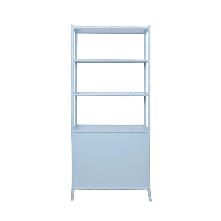 Three Drawer Etagere With Bamboo Detail In Blue Dyed Grasscloth And Light Blue Matte Lacquer - FLYNN BL
