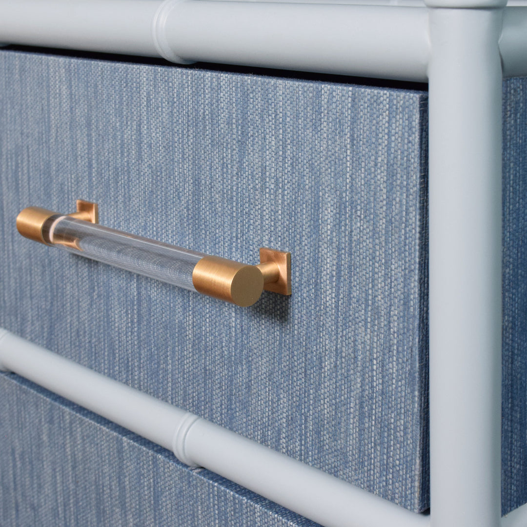 Three Drawer Etagere With Bamboo Detail In Blue Dyed Grasscloth And Light Blue Matte Lacquer - FLYNN BL