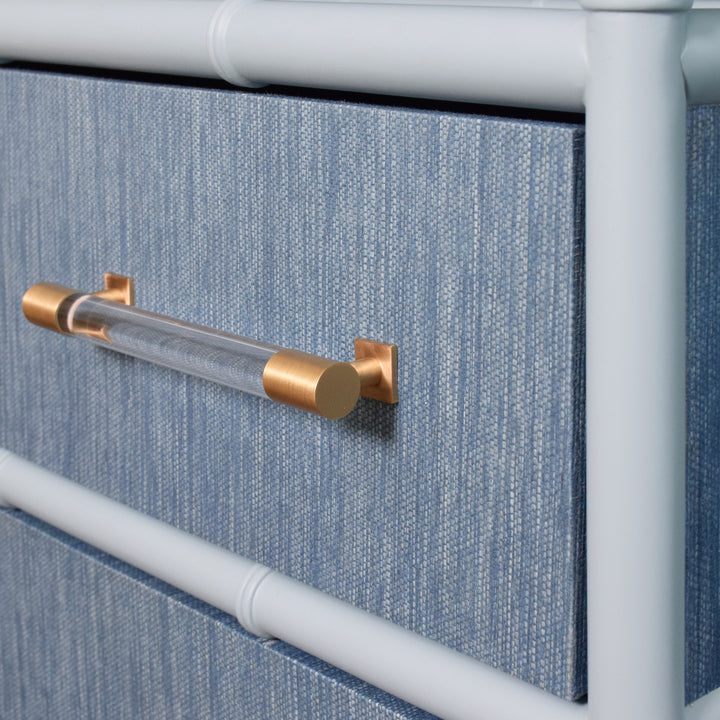 Three Drawer Etagere With Bamboo Detail In Blue Dyed Grasscloth And Light Blue Matte Lacquer - FLYNN BL