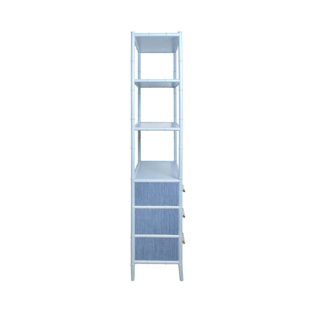 Three Drawer Etagere With Bamboo Detail In Blue Dyed Grasscloth And Light Blue Matte Lacquer - FLYNN BL