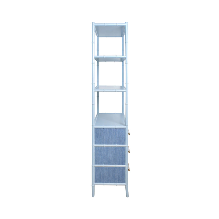 Three Drawer Etagere With Bamboo Detail In Blue Dyed Grasscloth And Light Blue Matte Lacquer - FLYNN BL