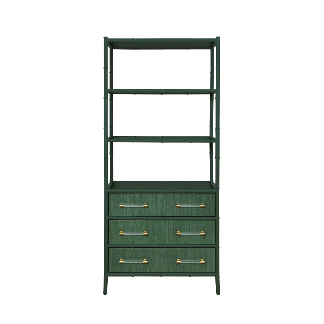 Three Drawer Etagere With Bamboo Detail In Green Dyed Grasscloth And Dark Green Matte Lacquer - FLYNN GR