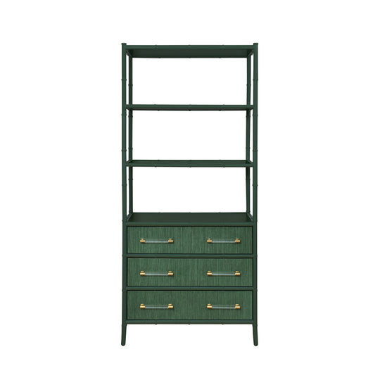 Three Drawer Etagere With Bamboo Detail In Green Dyed Grasscloth And Dark Green Matte Lacquer - FLYNN GR