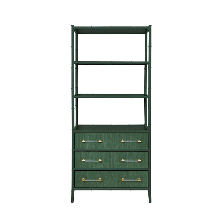 Three Drawer Etagere With Bamboo Detail In Green Dyed Grasscloth And Dark Green Matte Lacquer - FLYNN GR