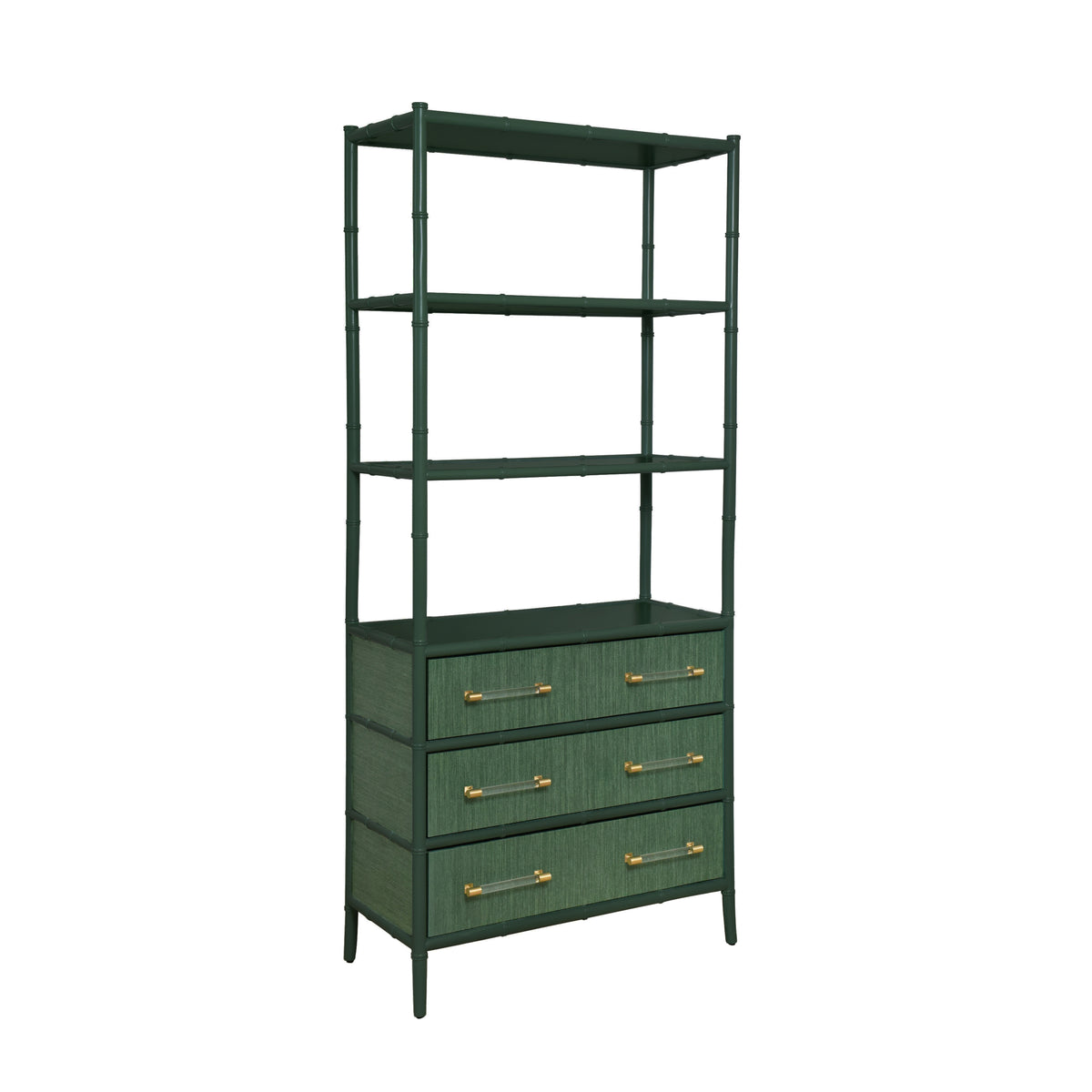 Three Drawer Etagere With Bamboo Detail In Green Dyed Grasscloth And Dark Green Matte Lacquer - FLYNN GR