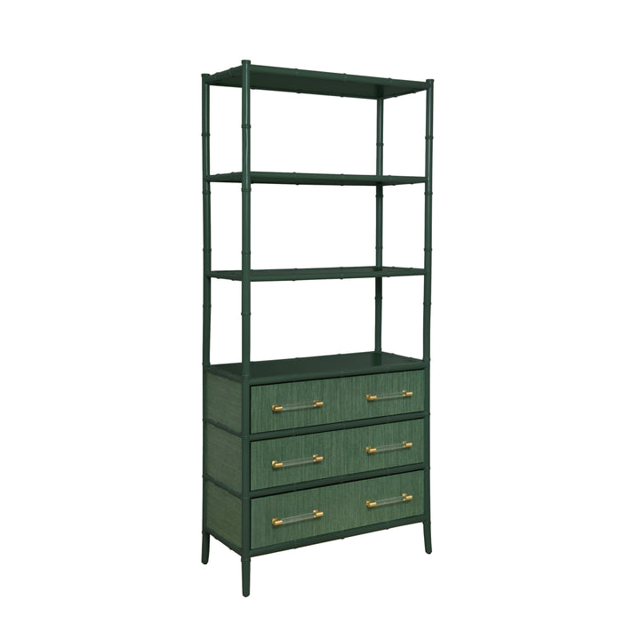 Three Drawer Etagere With Bamboo Detail In Green Dyed Grasscloth And Dark Green Matte Lacquer - FLYNN GR