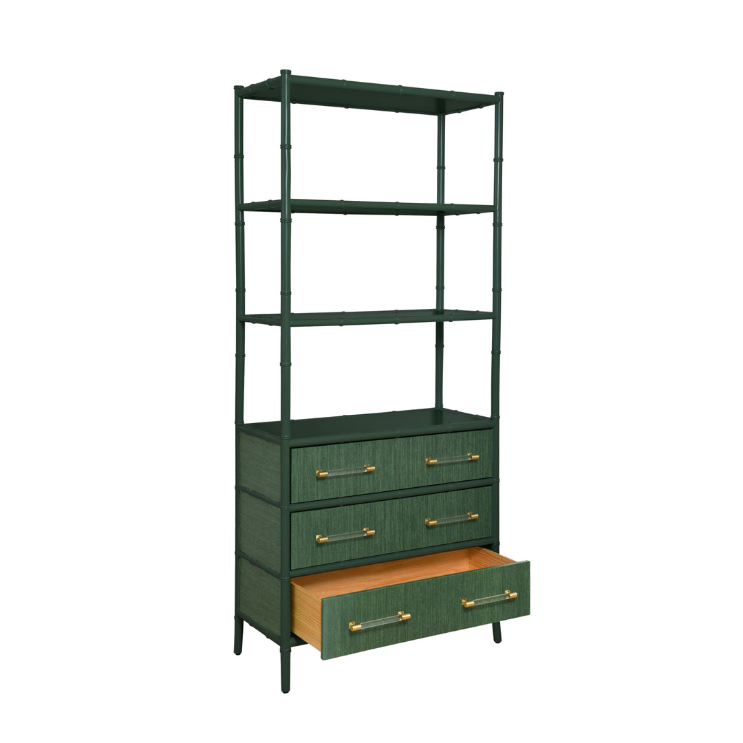 Three Drawer Etagere With Bamboo Detail In Green Dyed Grasscloth And Dark Green Matte Lacquer - FLYNN GR