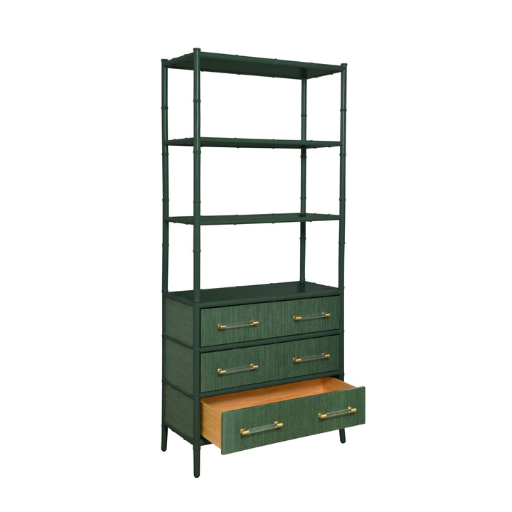 Three Drawer Etagere With Bamboo Detail In Green Dyed Grasscloth And Dark Green Matte Lacquer - FLYNN GR