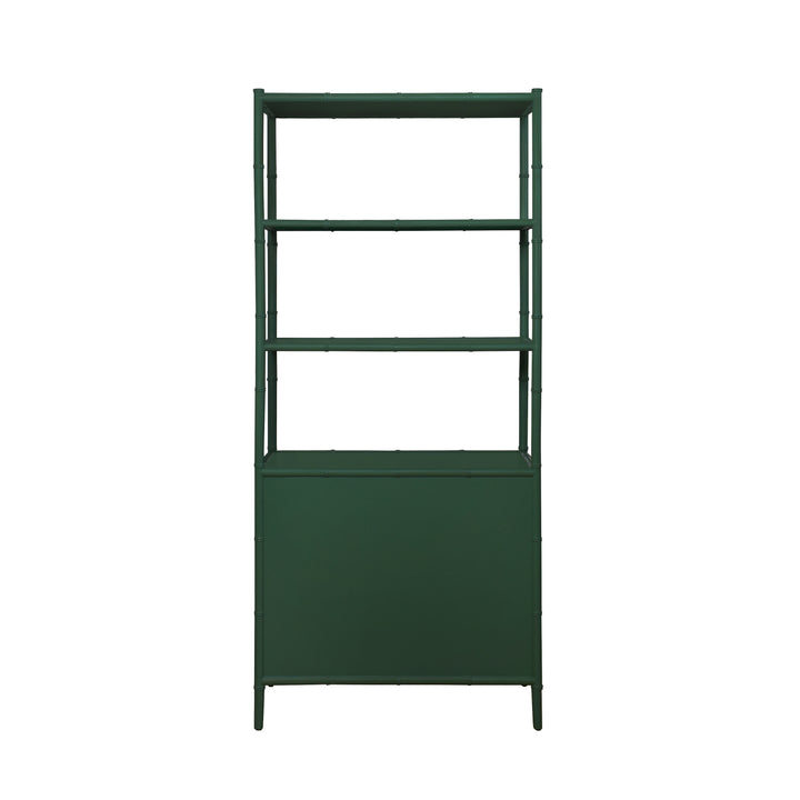 Three Drawer Etagere With Bamboo Detail In Green Dyed Grasscloth And Dark Green Matte Lacquer - FLYNN GR