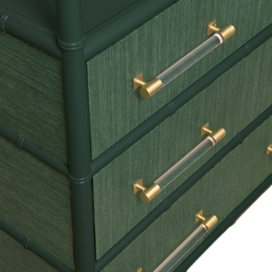 Three Drawer Etagere With Bamboo Detail In Green Dyed Grasscloth And Dark Green Matte Lacquer - FLYNN GR