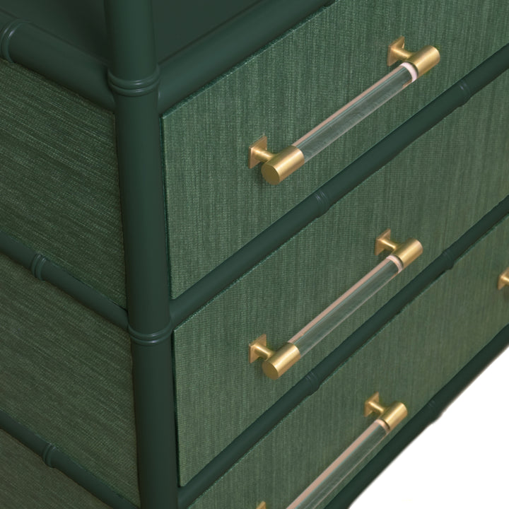 Three Drawer Etagere With Bamboo Detail In Green Dyed Grasscloth And Dark Green Matte Lacquer - FLYNN GR