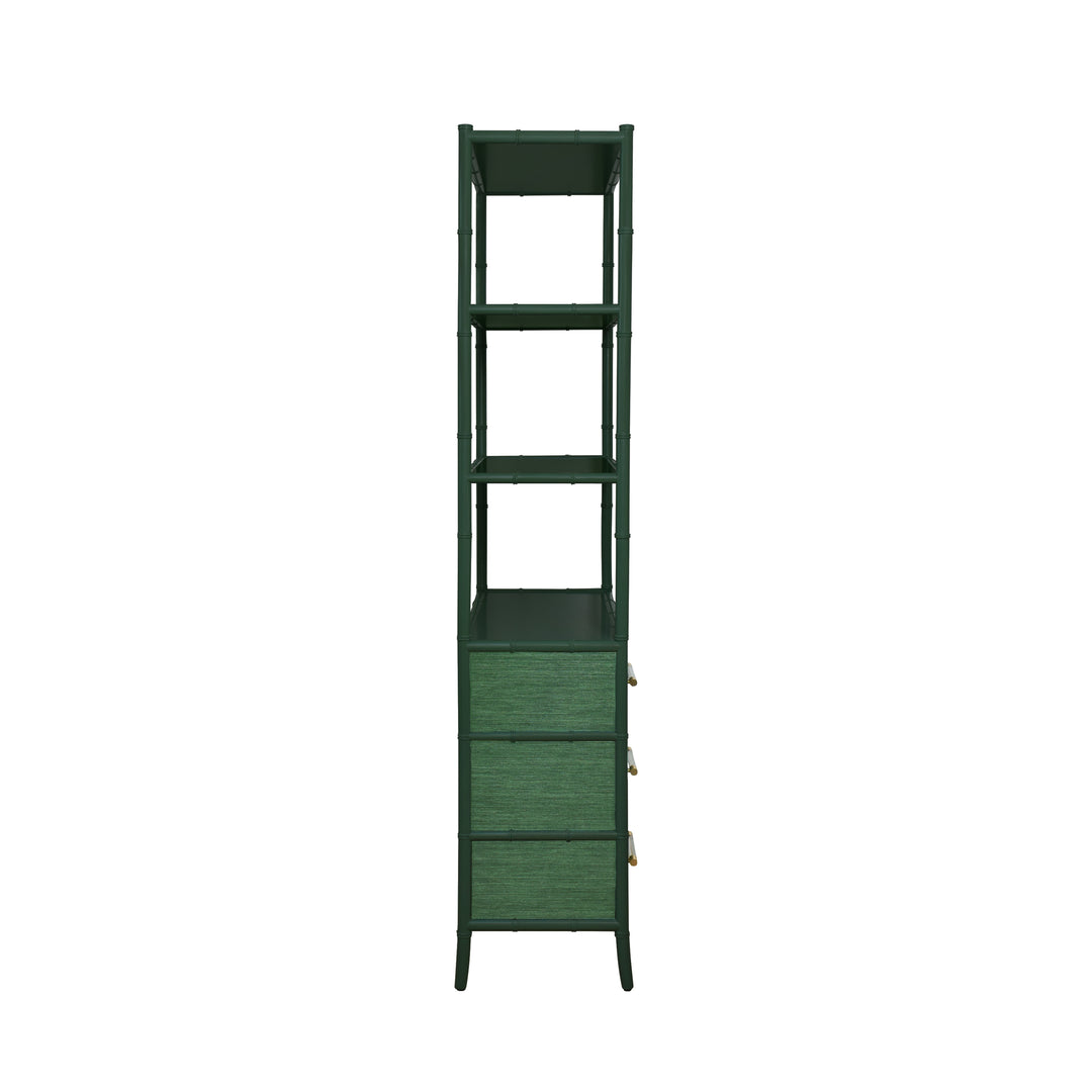 Three Drawer Etagere With Bamboo Detail In Green Dyed Grasscloth And Dark Green Matte Lacquer - FLYNN GR