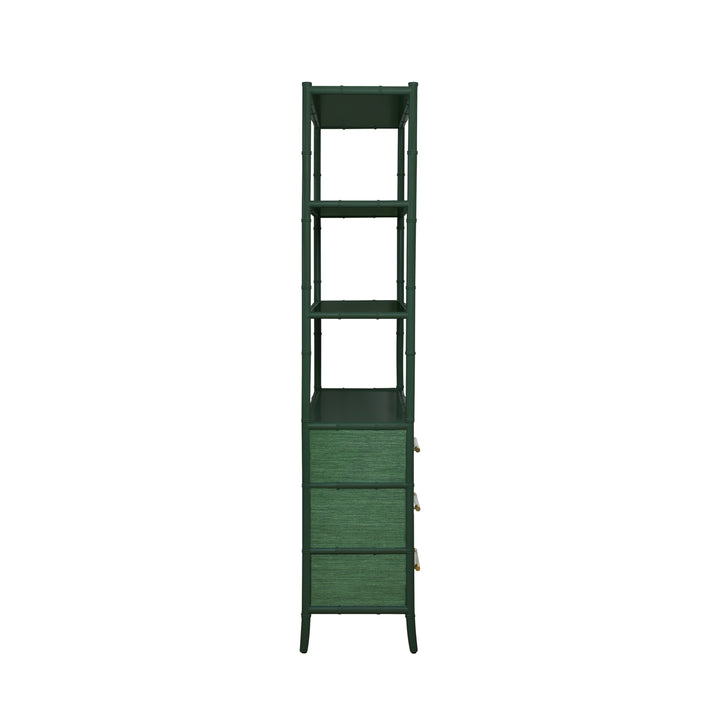 Three Drawer Etagere With Bamboo Detail In Green Dyed Grasscloth And Dark Green Matte Lacquer - FLYNN GR