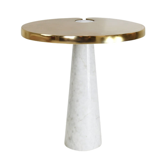 Oval Side Table With Brass Top And White Marble Pedestal Base - FONTAINE