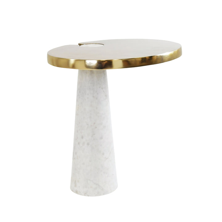 Oval Side Table With Brass Top And White Marble Pedestal Base - FONTAINE
