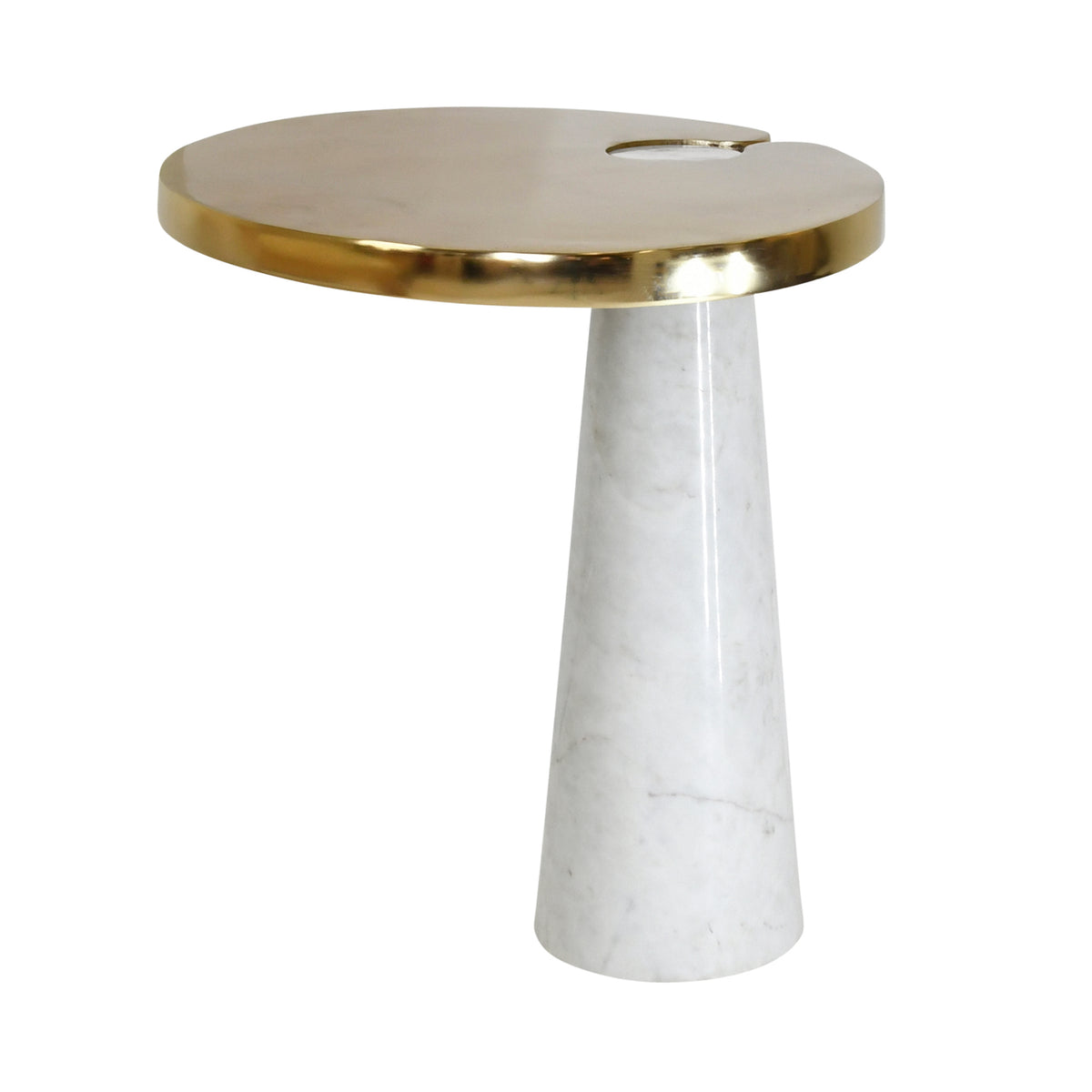 Oval Side Table With Brass Top And White Marble Pedestal Base - FONTAINE