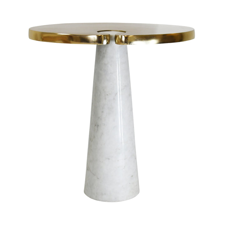 Oval Side Table With Brass Top And White Marble Pedestal Base - FONTAINE