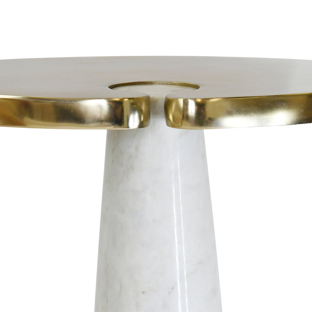 Oval Side Table With Brass Top And White Marble Pedestal Base - FONTAINE