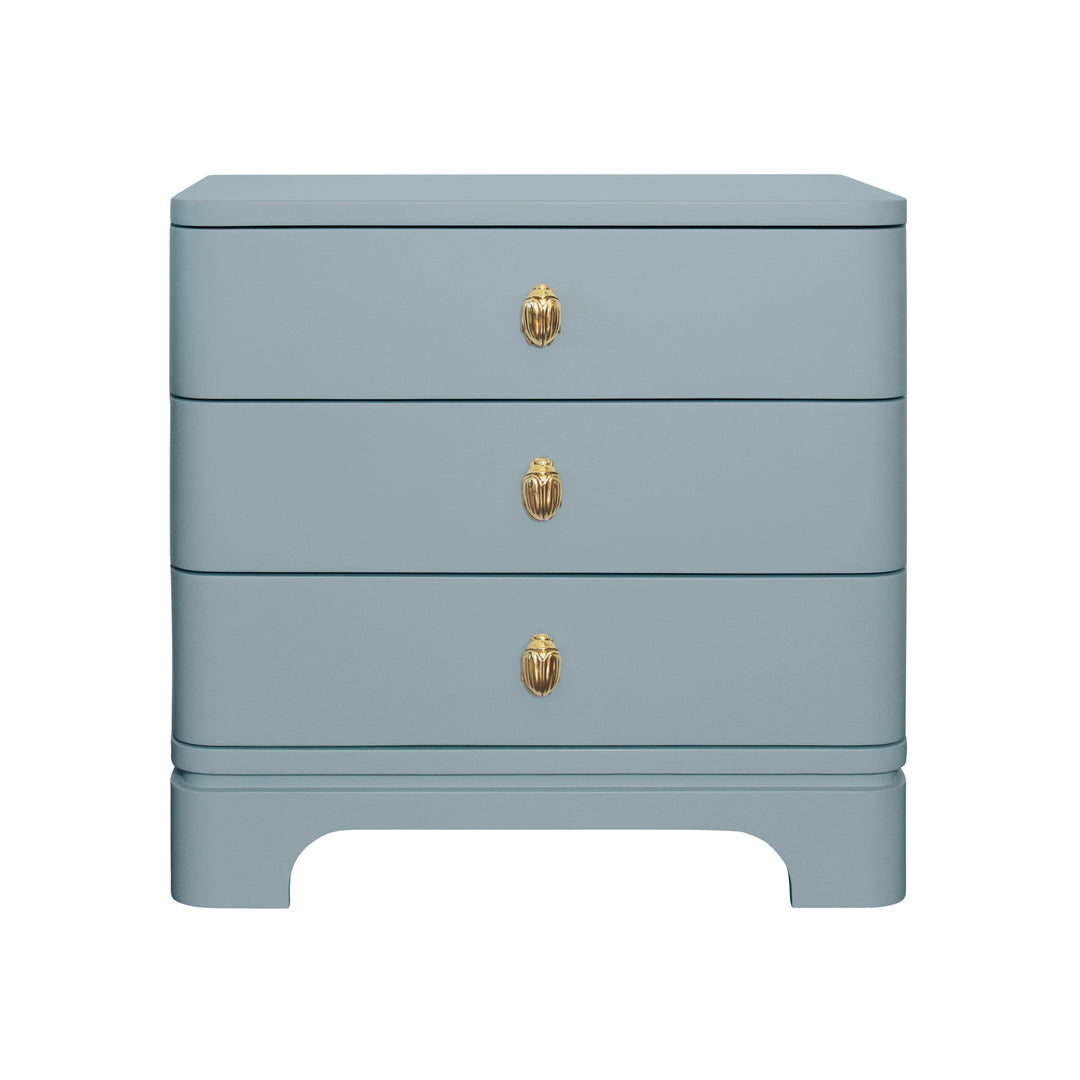 Three Drawer Rounded Edge Side Table With Brass Beetle Knob In Light Blue Matte Lacquer - FORTUNE LB