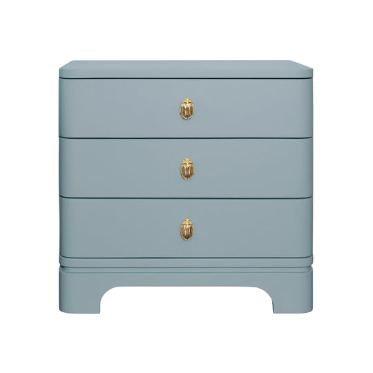 Three Drawer Rounded Edge Side Table With Brass Beetle Knob In Light Blue Matte Lacquer - FORTUNE LB