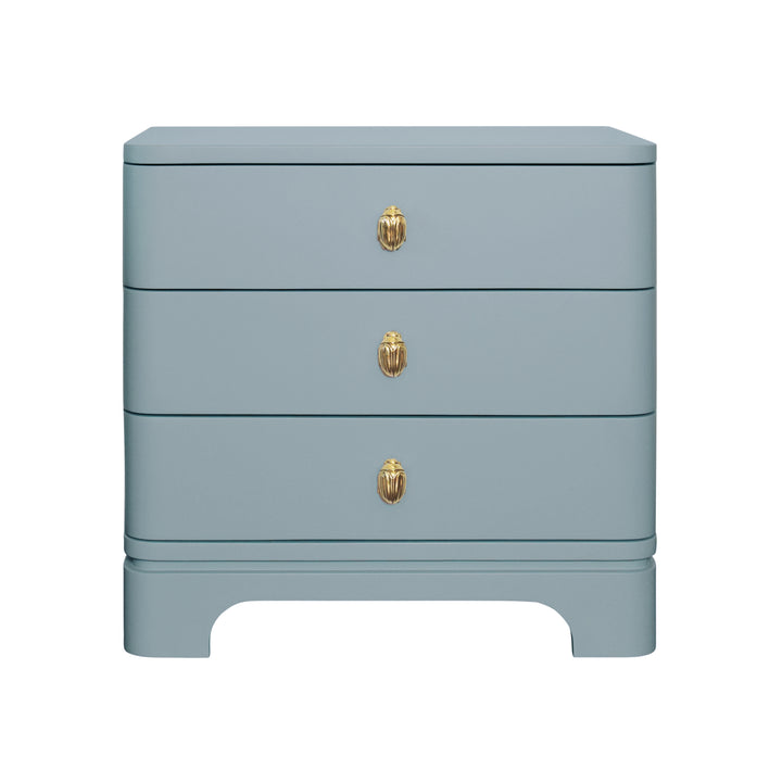 Three Drawer Rounded Edge Side Table With Brass Beetle Knob In Light Blue Matte Lacquer - FORTUNE LB