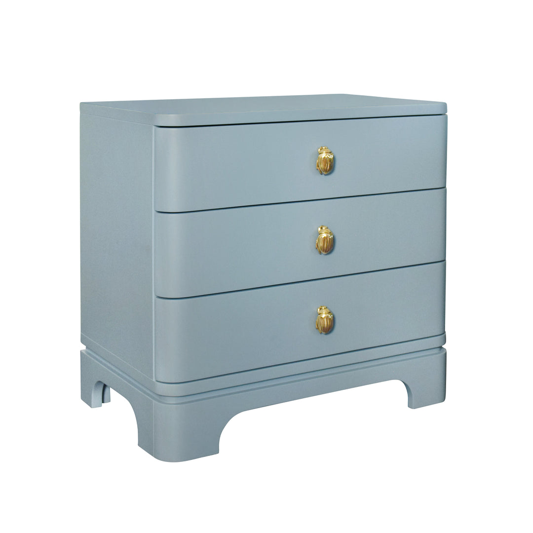 Three Drawer Rounded Edge Side Table With Brass Beetle Knob In Light Blue Matte Lacquer - FORTUNE LB
