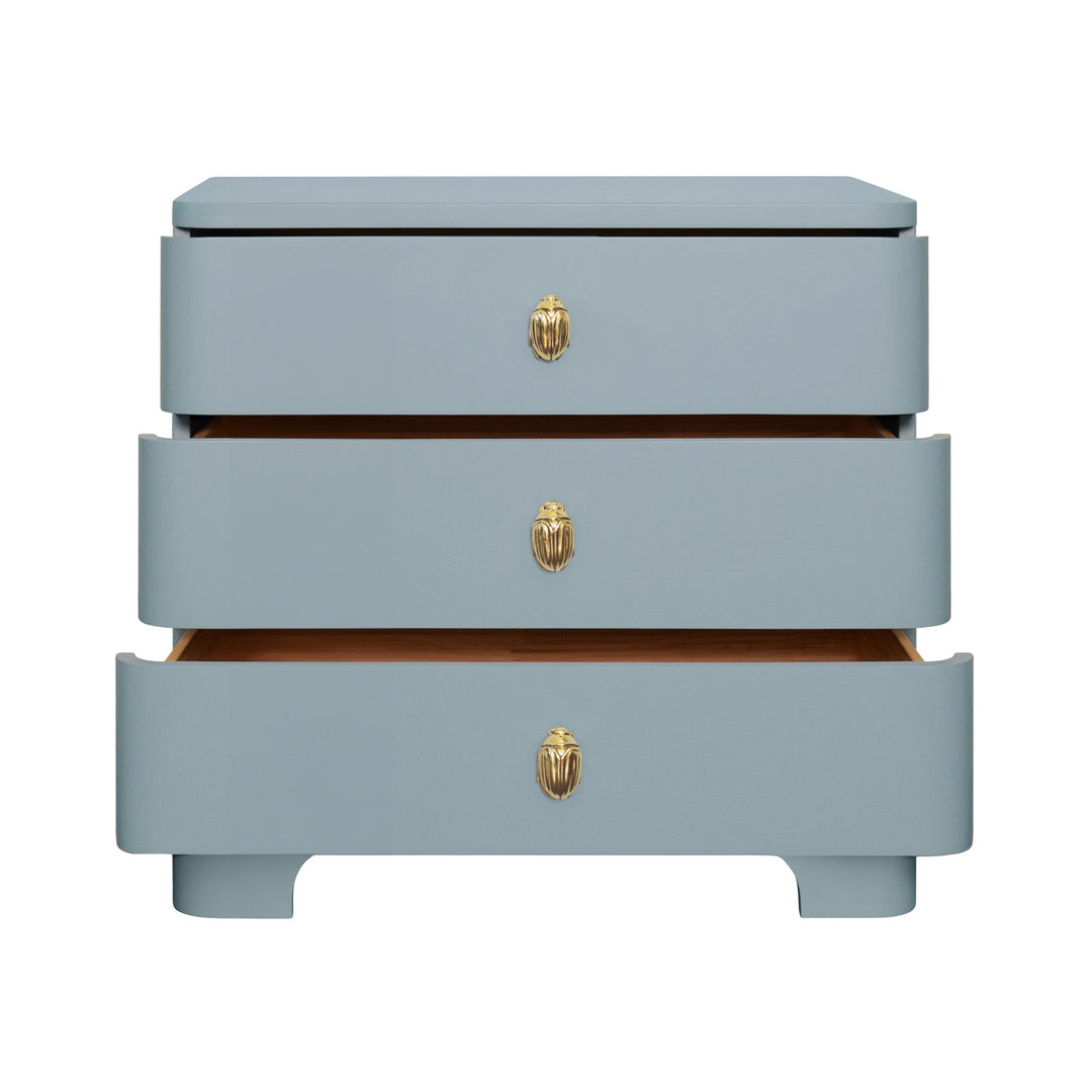 Three Drawer Rounded Edge Side Table With Brass Beetle Knob In Light Blue Matte Lacquer - FORTUNE LB
