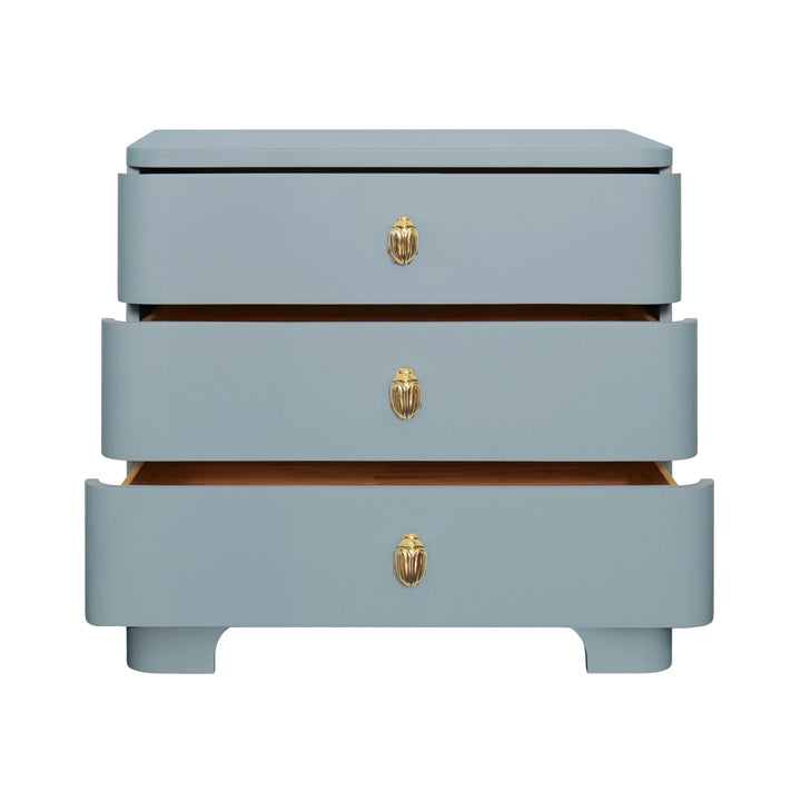 Three Drawer Rounded Edge Side Table With Brass Beetle Knob In Light Blue Matte Lacquer - FORTUNE LB