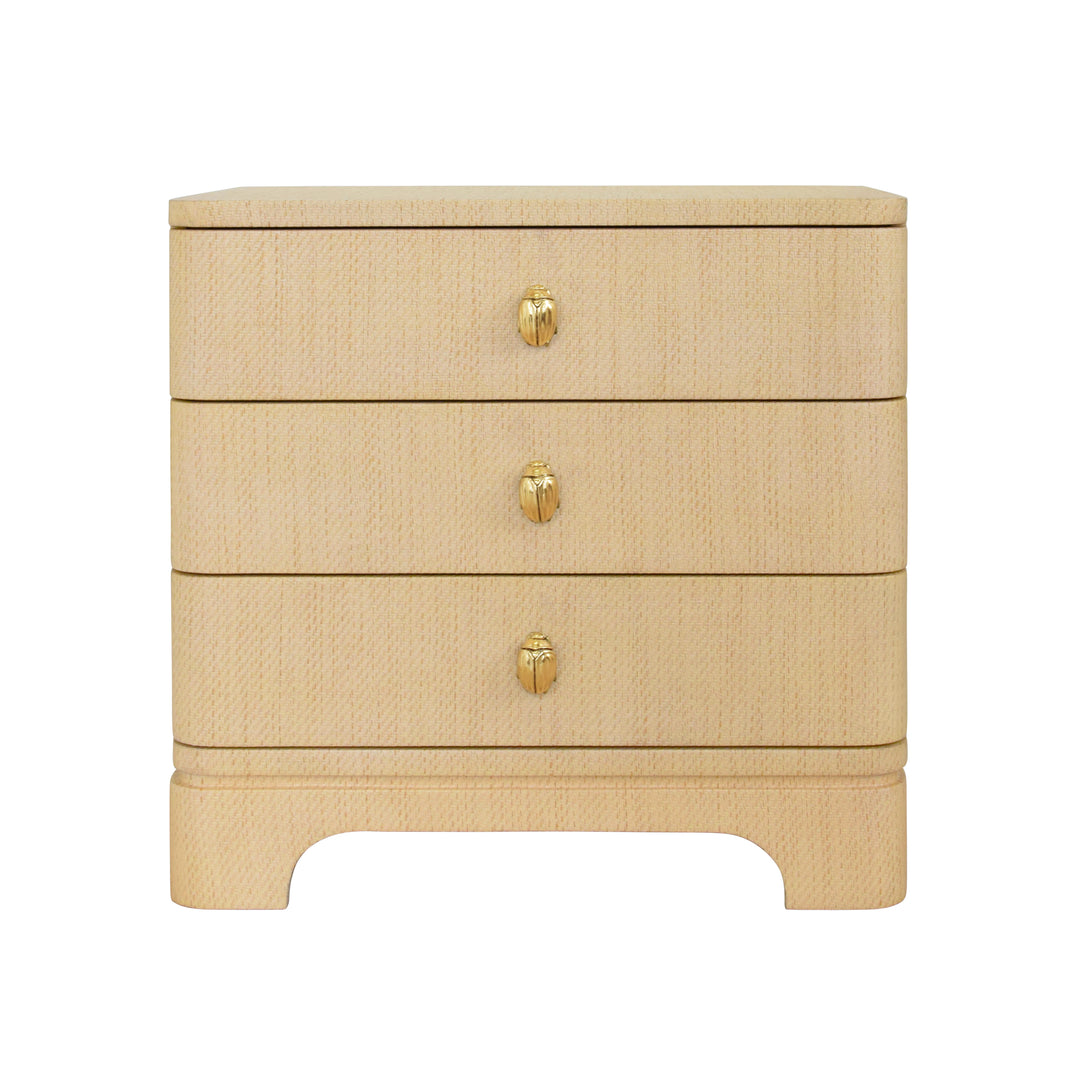 Three Drawer Rounded Edge Side Table With Brass Beetle Knob In Natural Grasscloth - FORTUNE NAT