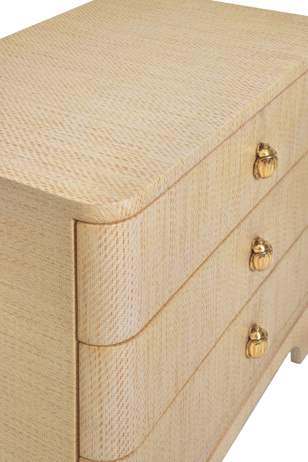 Three Drawer Rounded Edge Side Table With Brass Beetle Knob In Natural Grasscloth - FORTUNE NAT