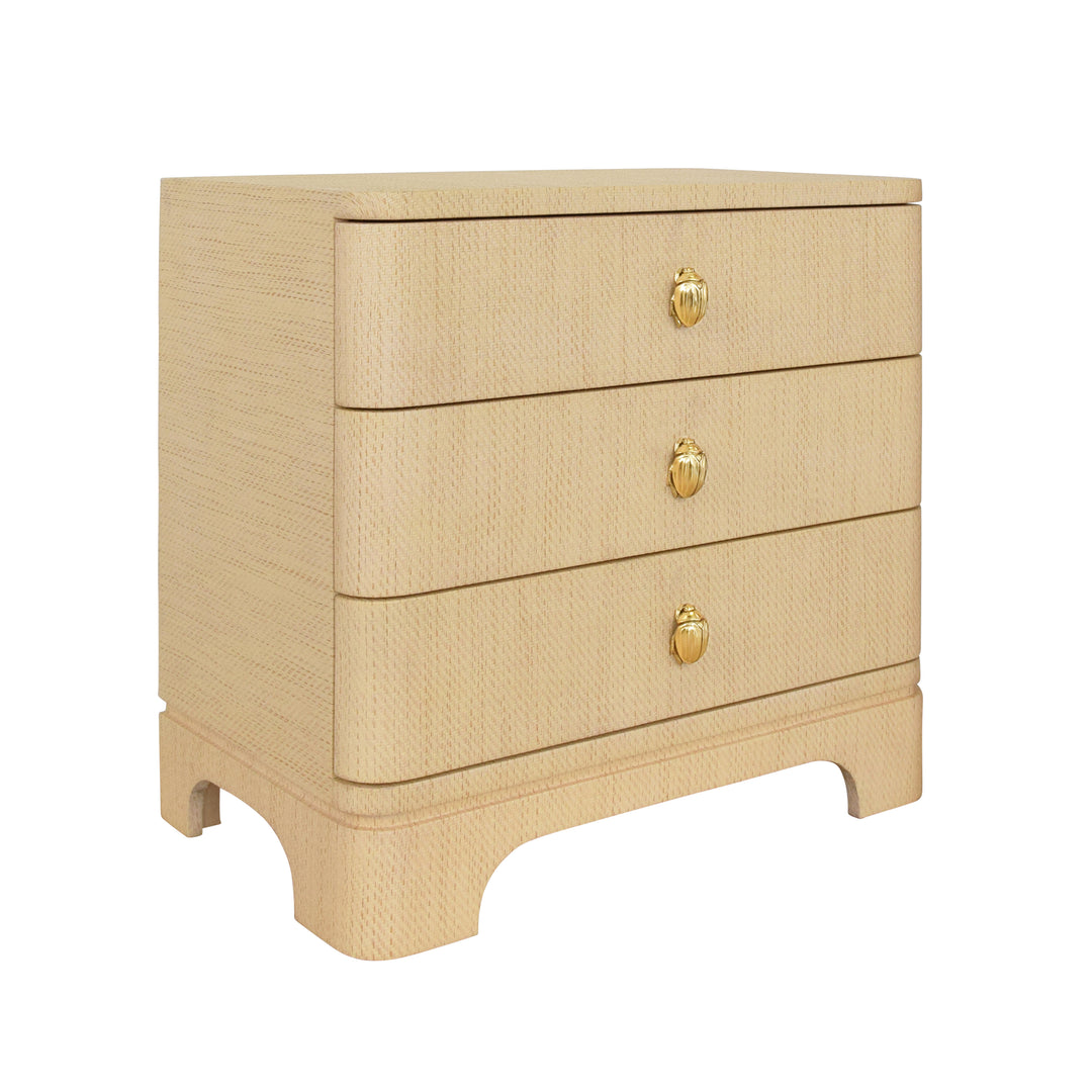 Three Drawer Rounded Edge Side Table With Brass Beetle Knob In Natural Grasscloth - FORTUNE NAT