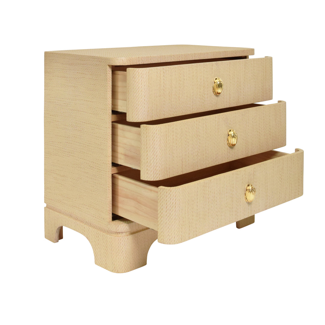 Three Drawer Rounded Edge Side Table With Brass Beetle Knob In Natural Grasscloth - FORTUNE NAT