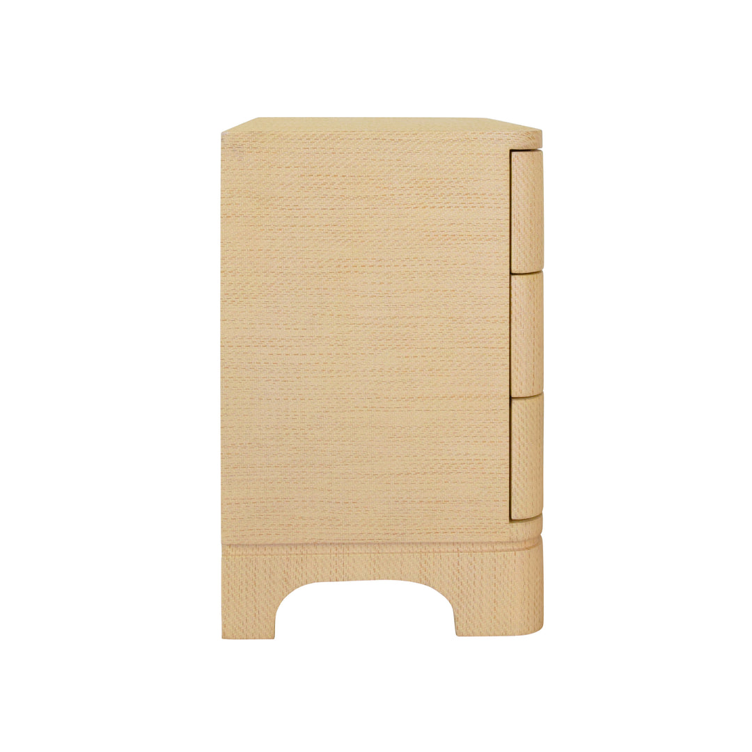 Three Drawer Rounded Edge Side Table With Brass Beetle Knob In Natural Grasscloth - FORTUNE NAT