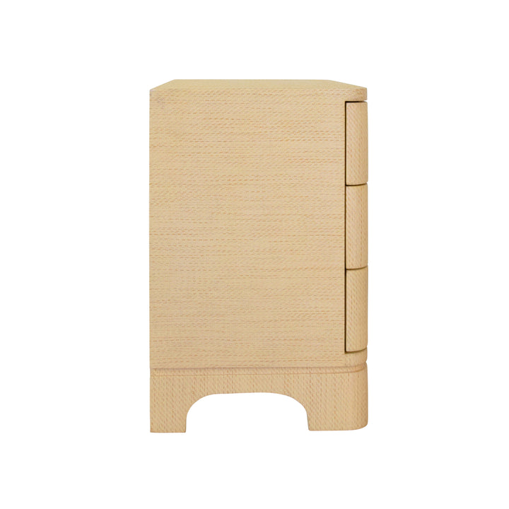 Three Drawer Rounded Edge Side Table With Brass Beetle Knob In Natural Grasscloth - FORTUNE NAT