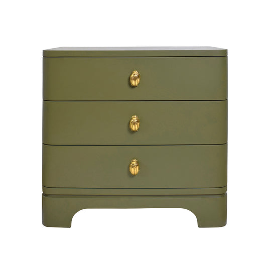 Three Drawer Rounded Edge Side Table With Brass Beetle Knob In Olive Green Matte Lacquer - FORTUNE OLV