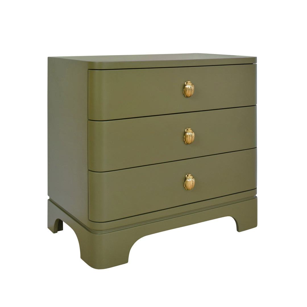 Three Drawer Rounded Edge Side Table With Brass Beetle Knob In Olive Green Matte Lacquer - FORTUNE OLV
