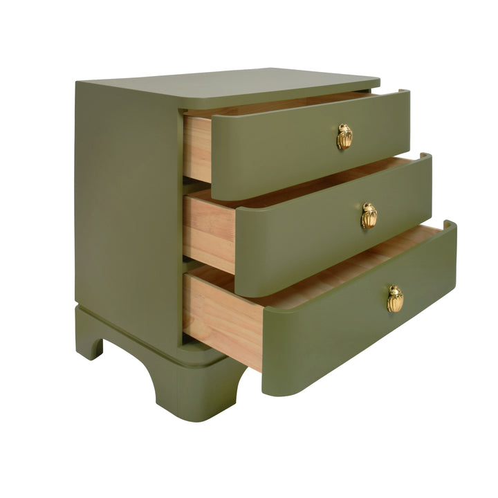 Three Drawer Rounded Edge Side Table With Brass Beetle Knob In Olive Green Matte Lacquer - FORTUNE OLV