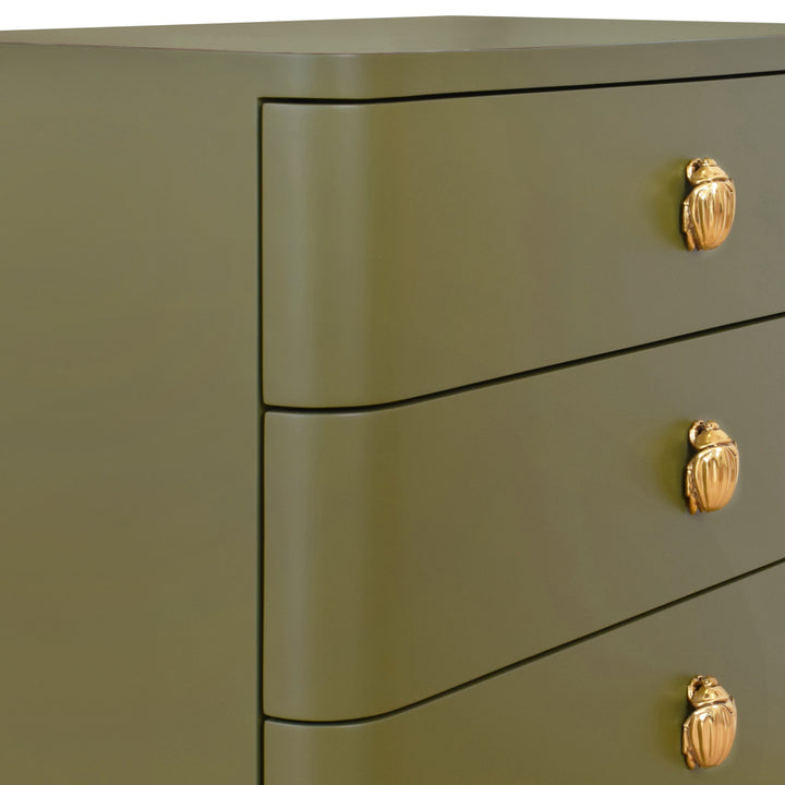 Three Drawer Rounded Edge Side Table With Brass Beetle Knob In Olive Green Matte Lacquer - FORTUNE OLV
