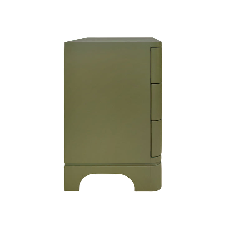 Three Drawer Rounded Edge Side Table With Brass Beetle Knob In Olive Green Matte Lacquer - FORTUNE OLV
