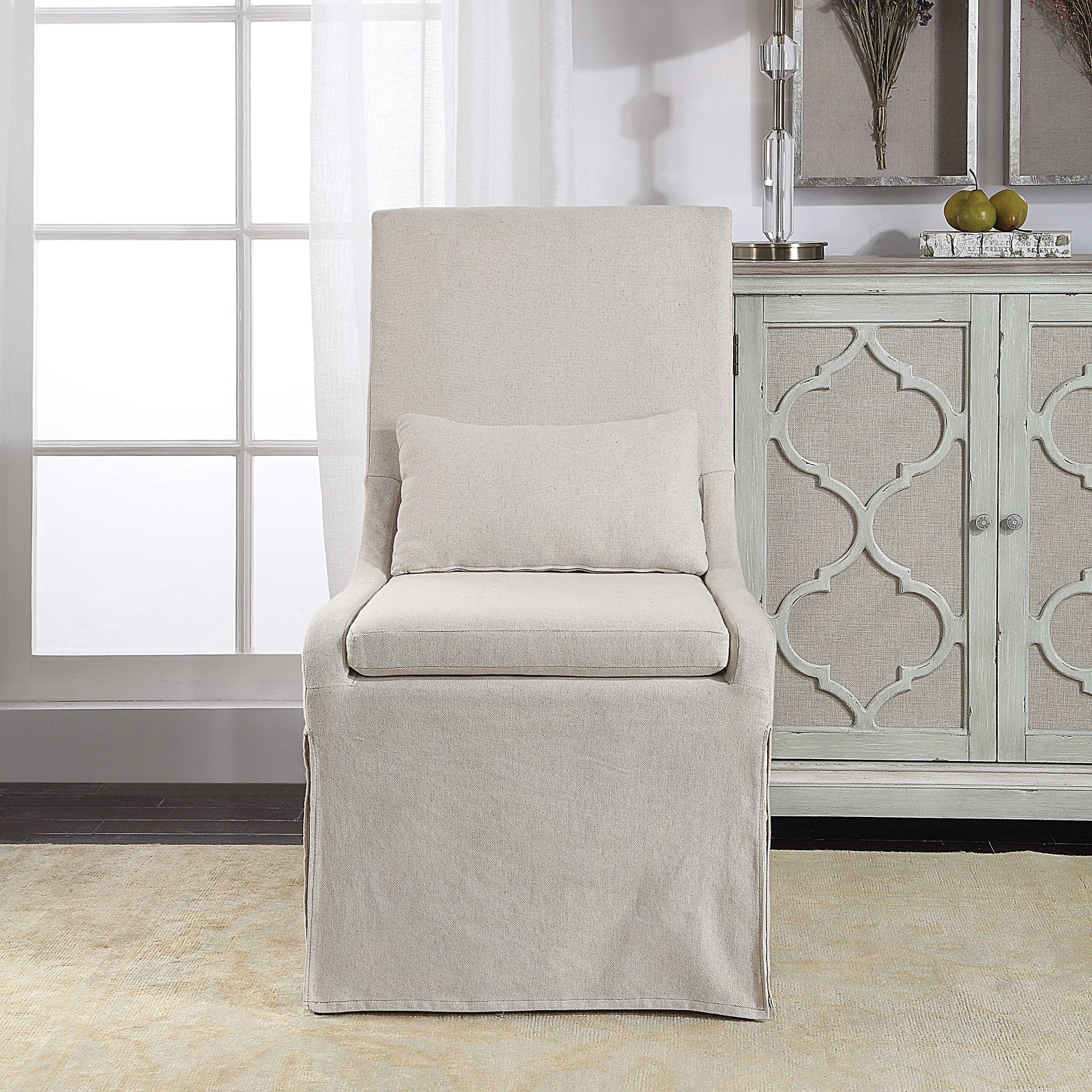 American Home Furniture Uttermost Coley White Linen Armless Chair Set of 2