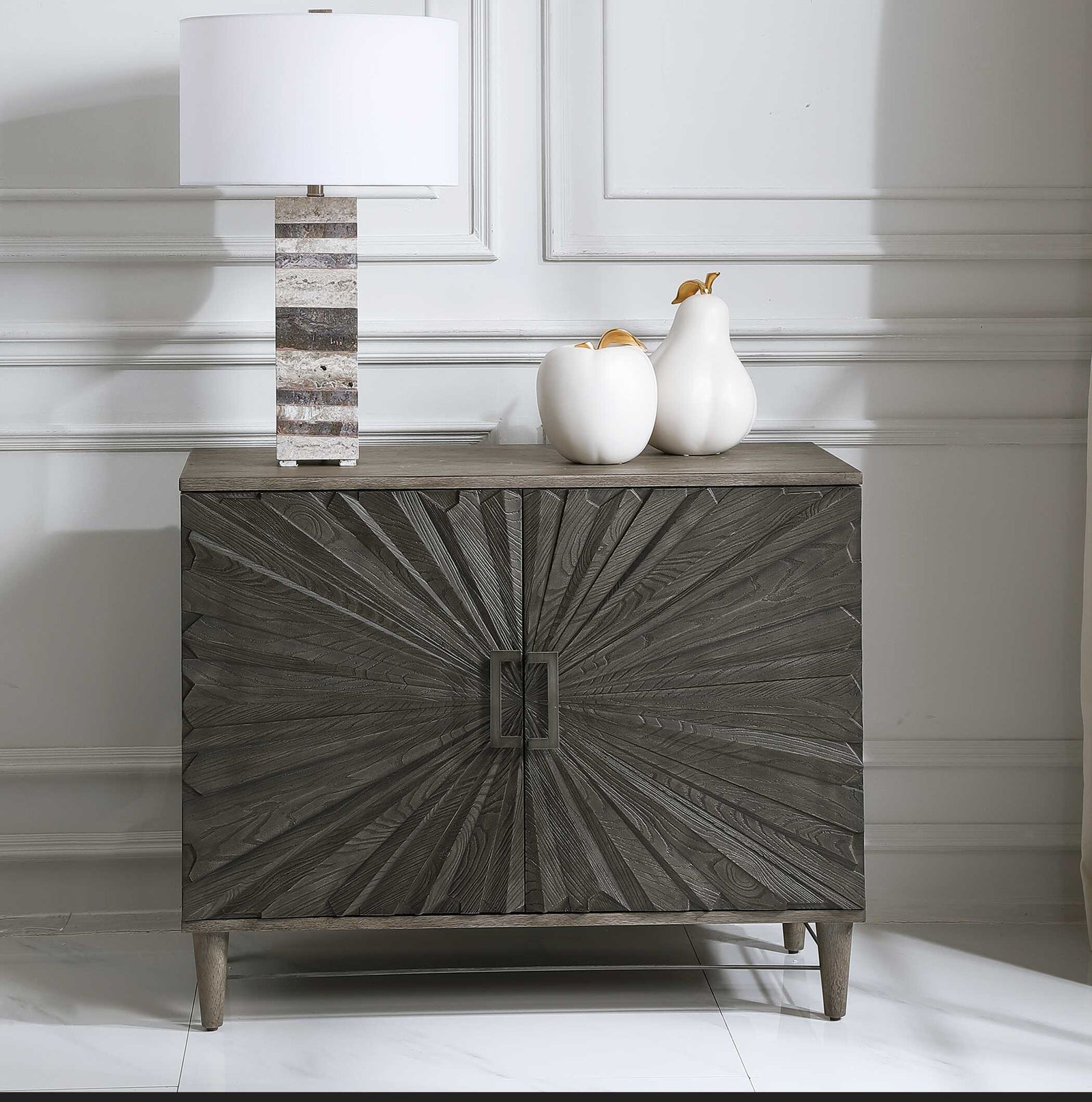 American Home Furniture Uttermost Shield Gray Oak 2 Door Cabinet